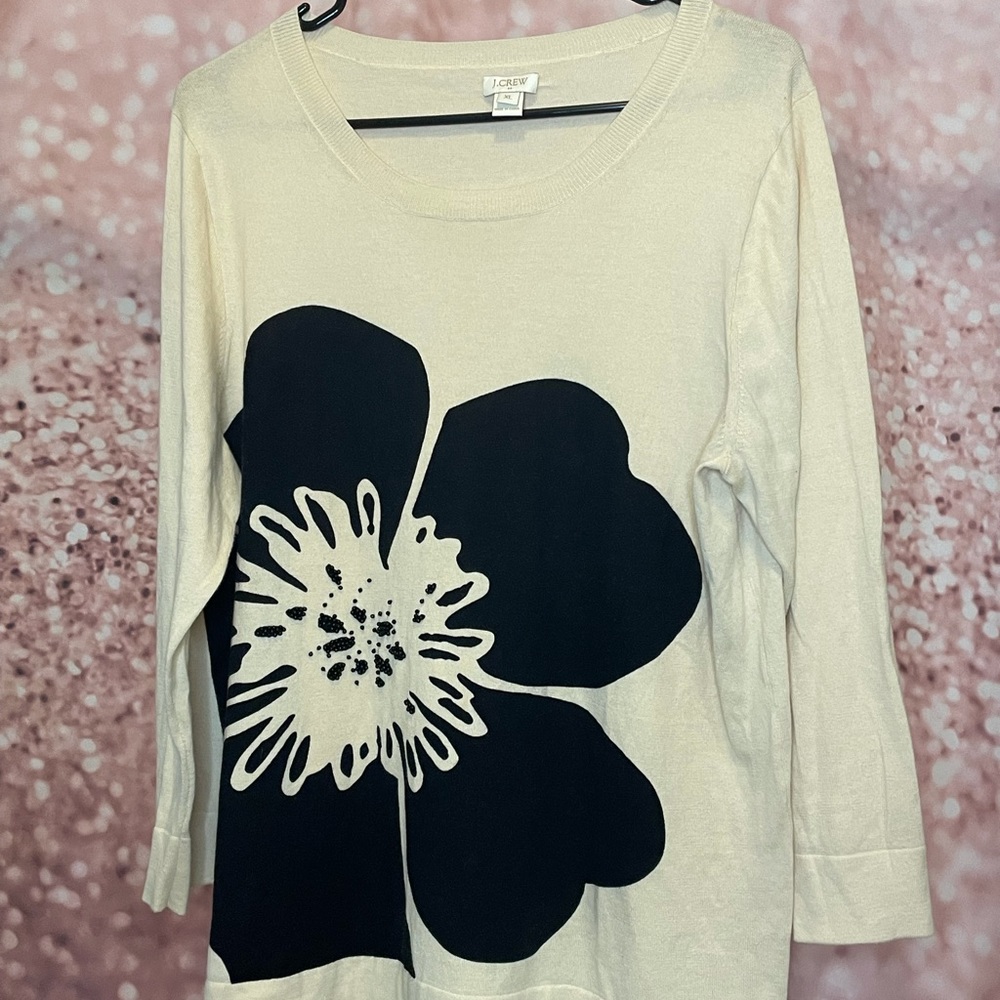 J Crew Black Floral Beaded Sweater! Sz XL